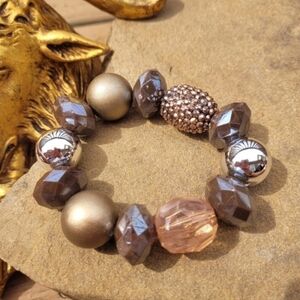 Amber Colored Copper Gold & Silver Large Bead Bracelet